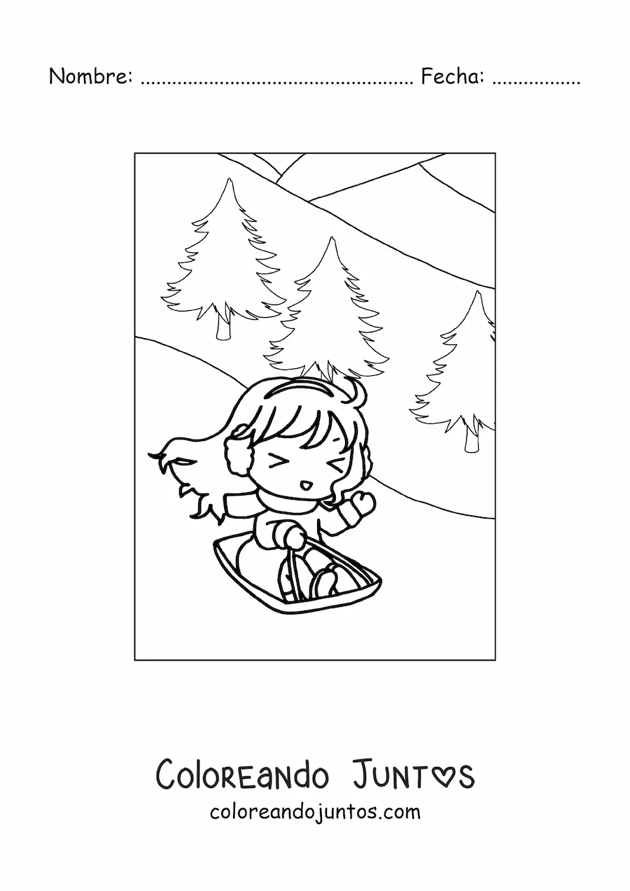 Imagen para colorear de niña kawaii feliz en trineo