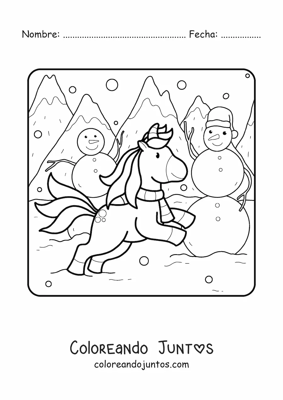 Imagen para colorear de unicornio y muñecos de nieve