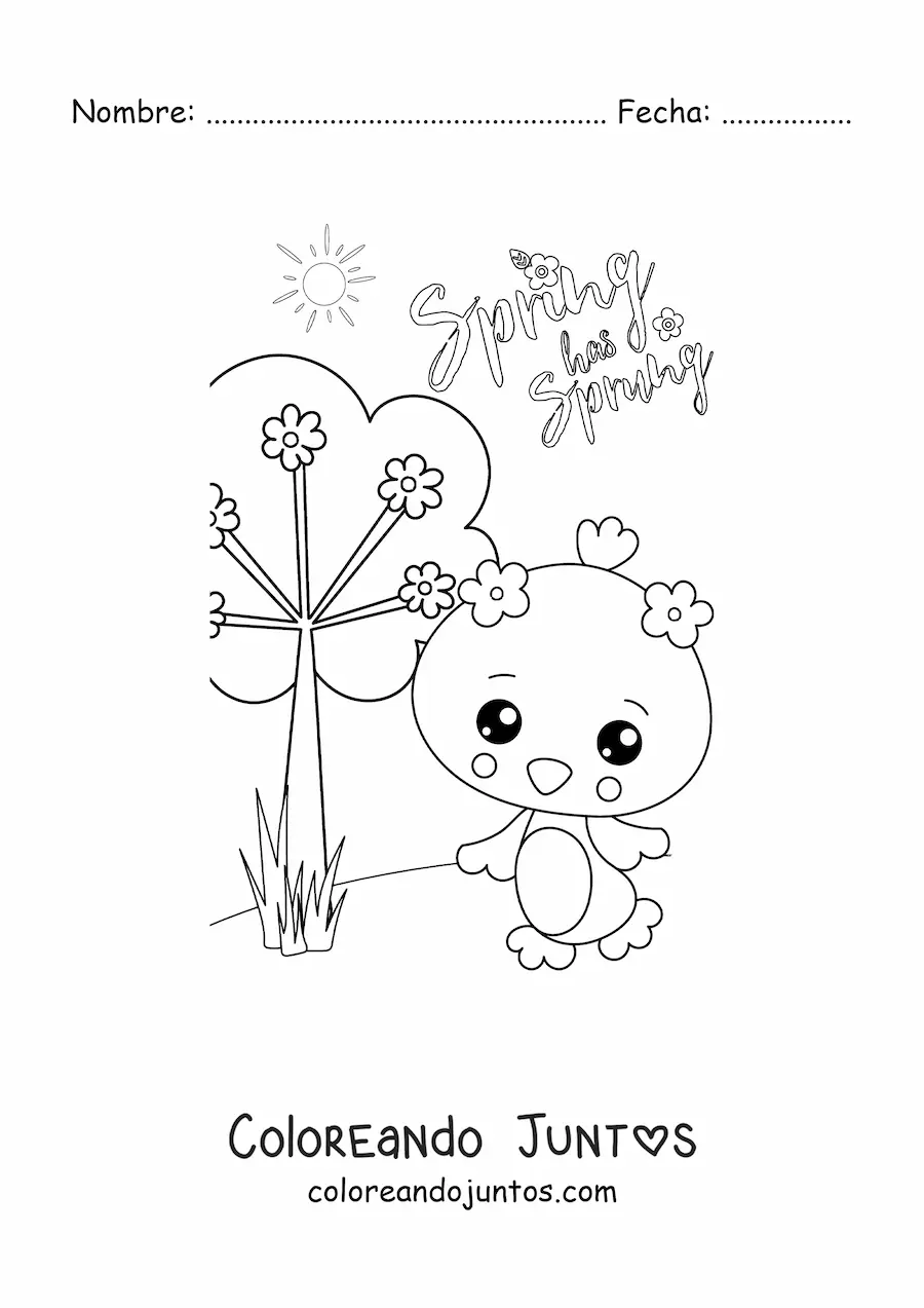 Imagen para colorear de primavera en inglés con pollito kawaii