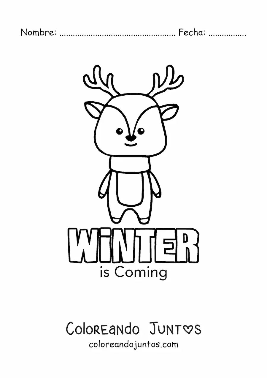 Imagen para colorear de invierno en inglés con ciervo kawaii