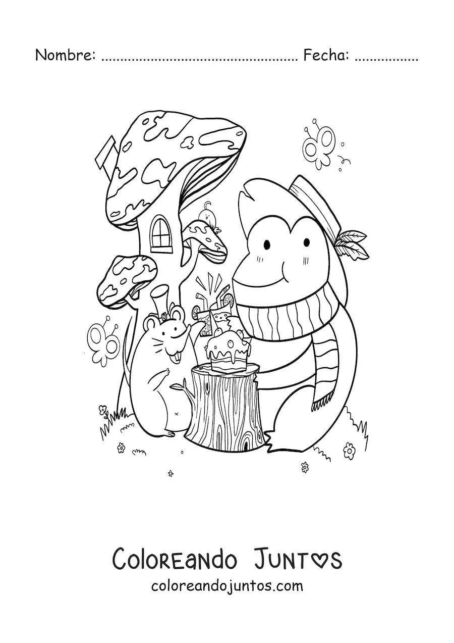 Imagen para colorear de rana y ratón animados kawaii en una fiesta