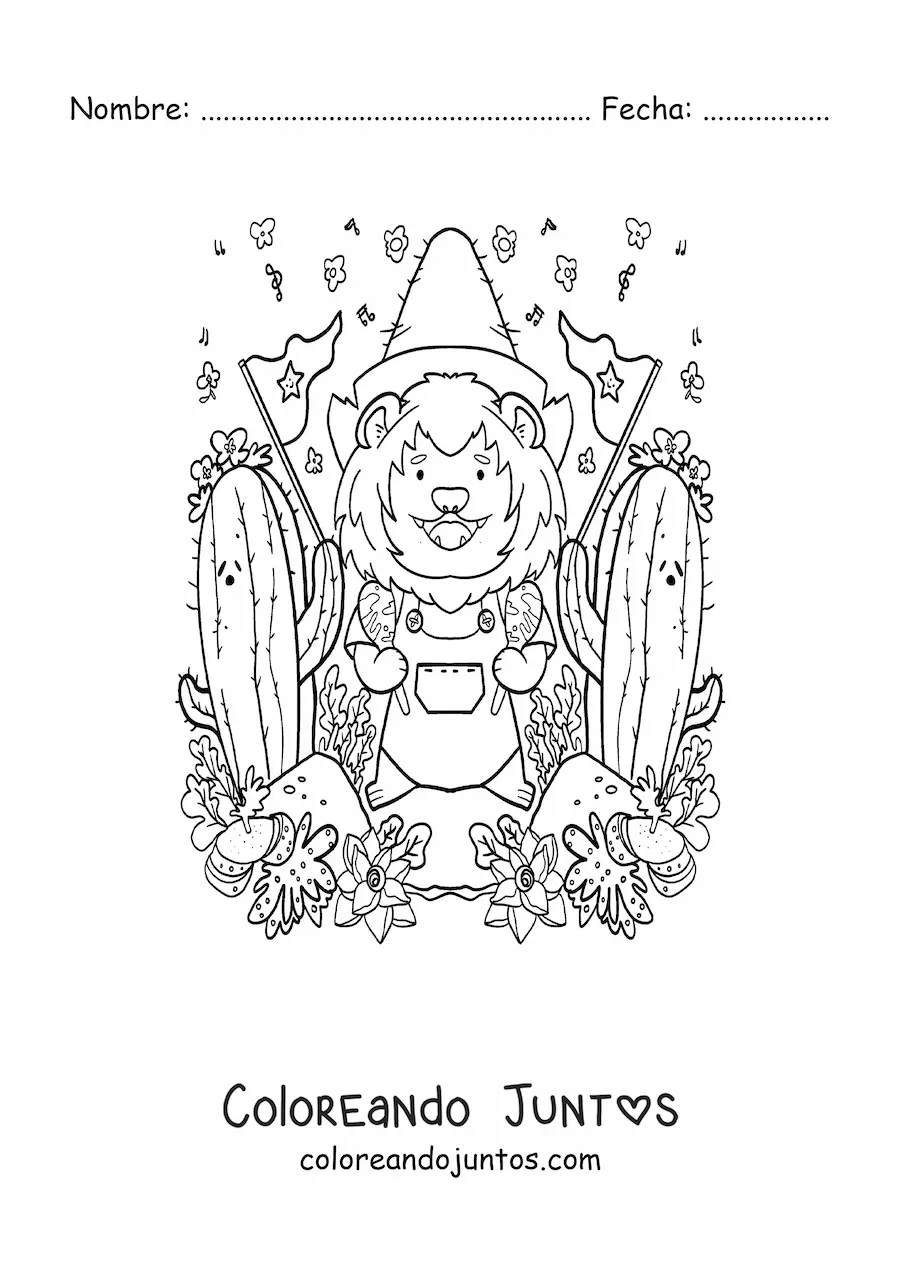 Imagen para colorear de león kawaii animado con cactus