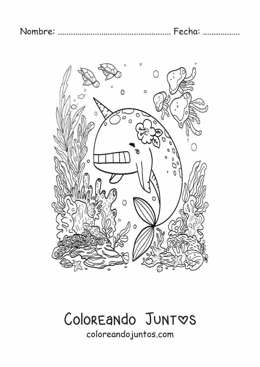 Imagen para colorear de narval kawaii animado en el mar