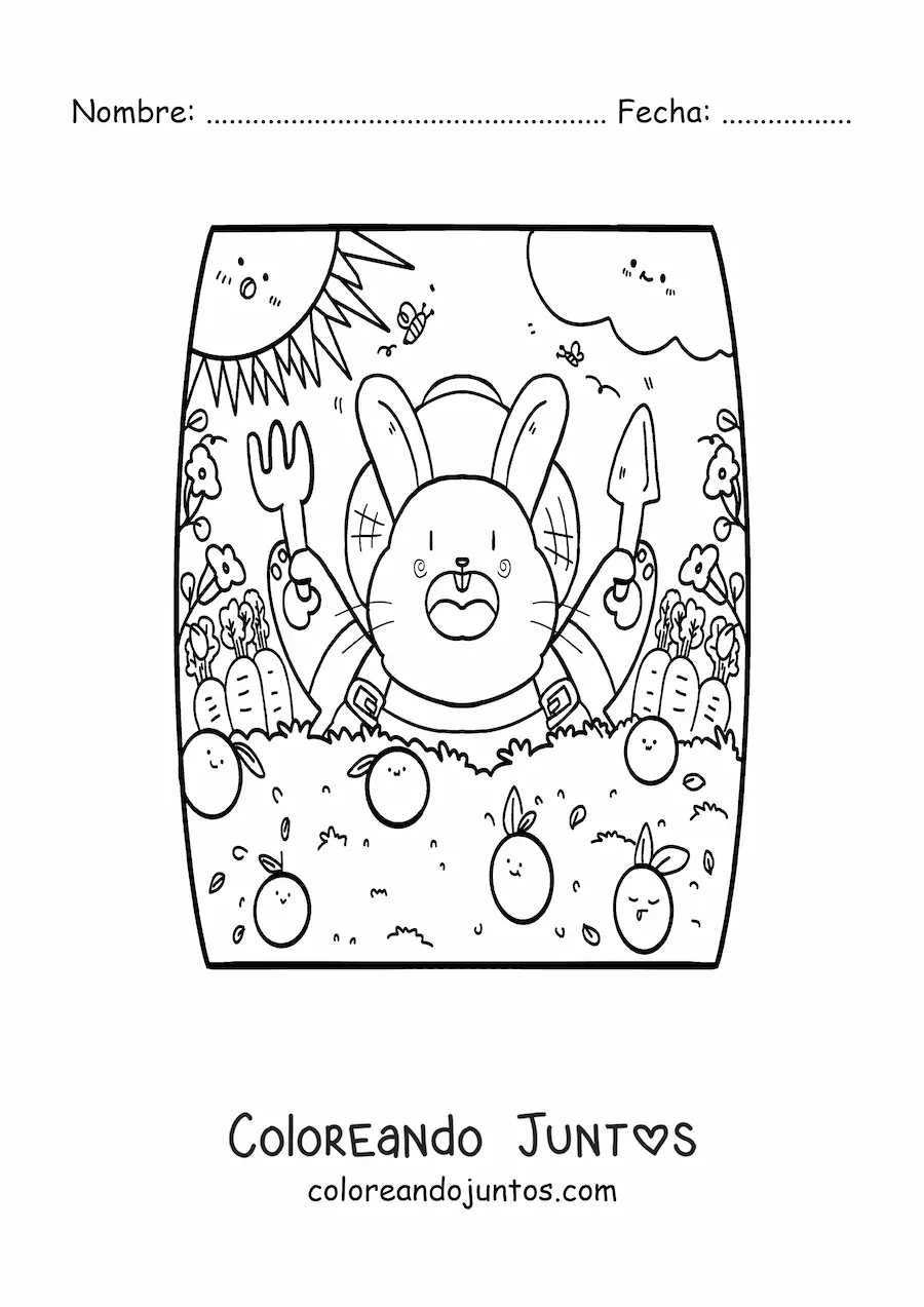 Imagen para colorear de conejo tierno animado comiendo naranjas