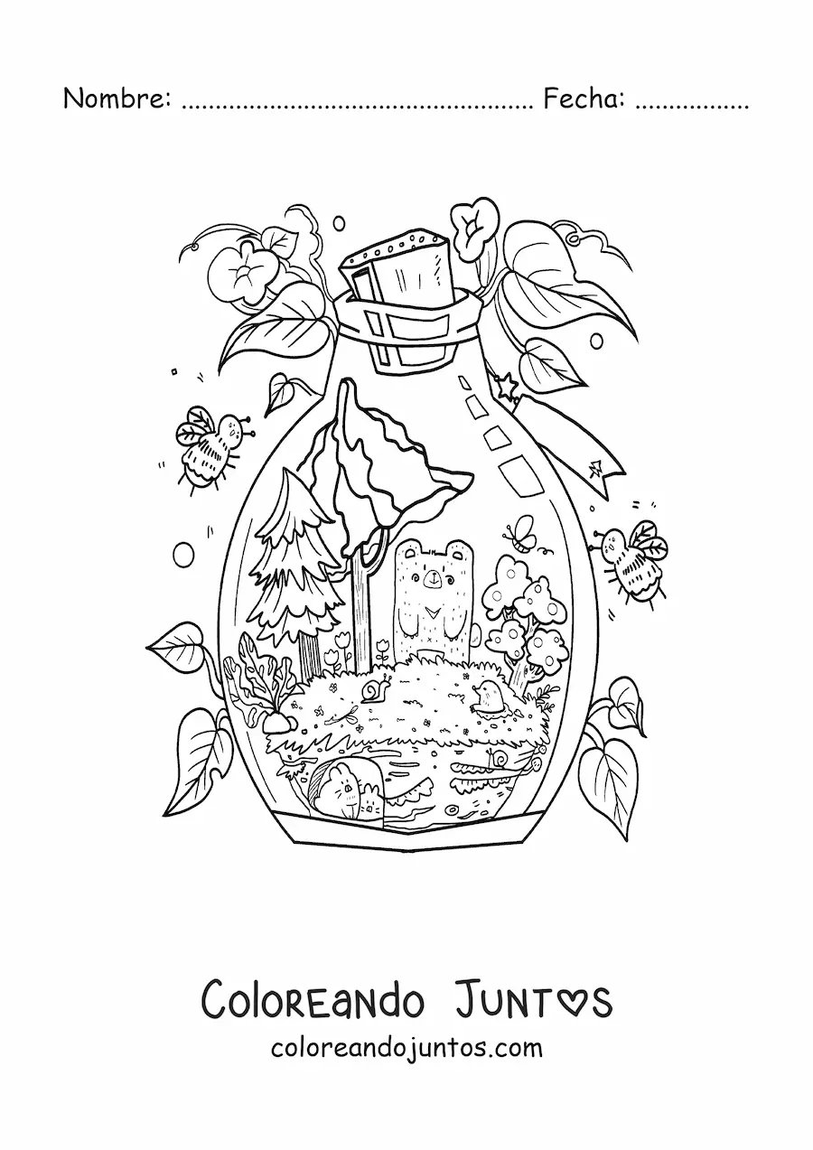 Imagen para colorear de osito kawaii animado en un bosque mágico dentro de una botella