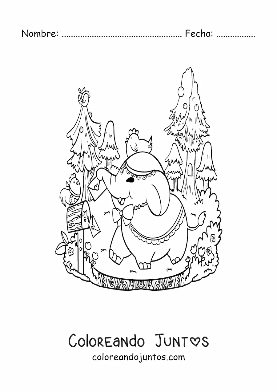 Imagen para colorear de elefante kawaii animado buscando su correo en el bosque