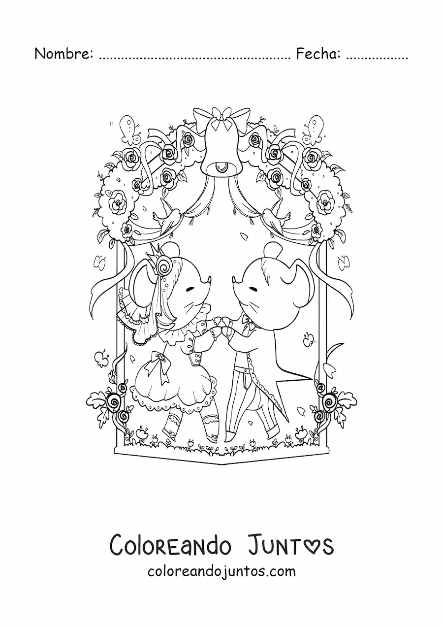 Imagen para colorear de ratones kawaii animados bailando el vals