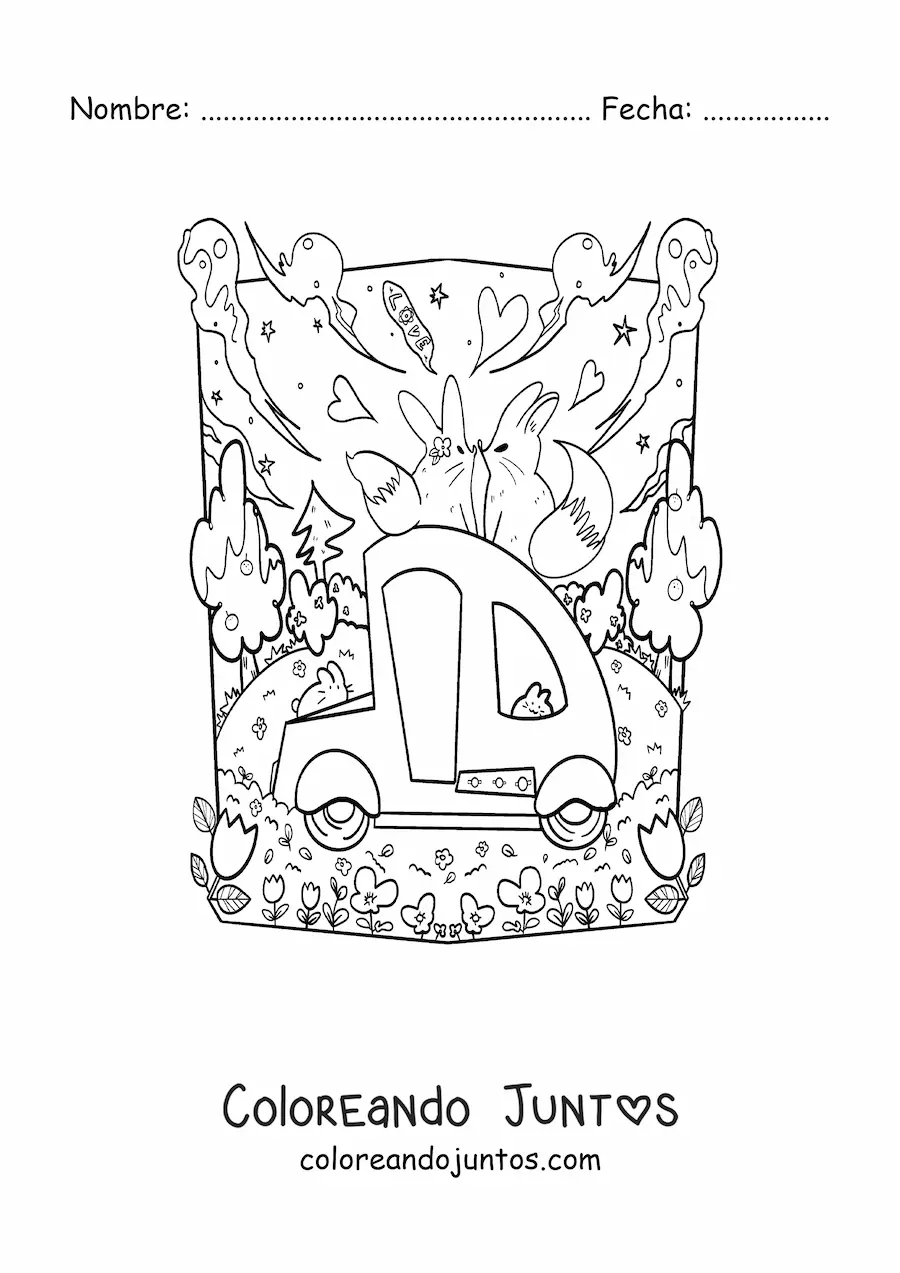 Imagen para colorear de tiernos zorros enamorados en un carro