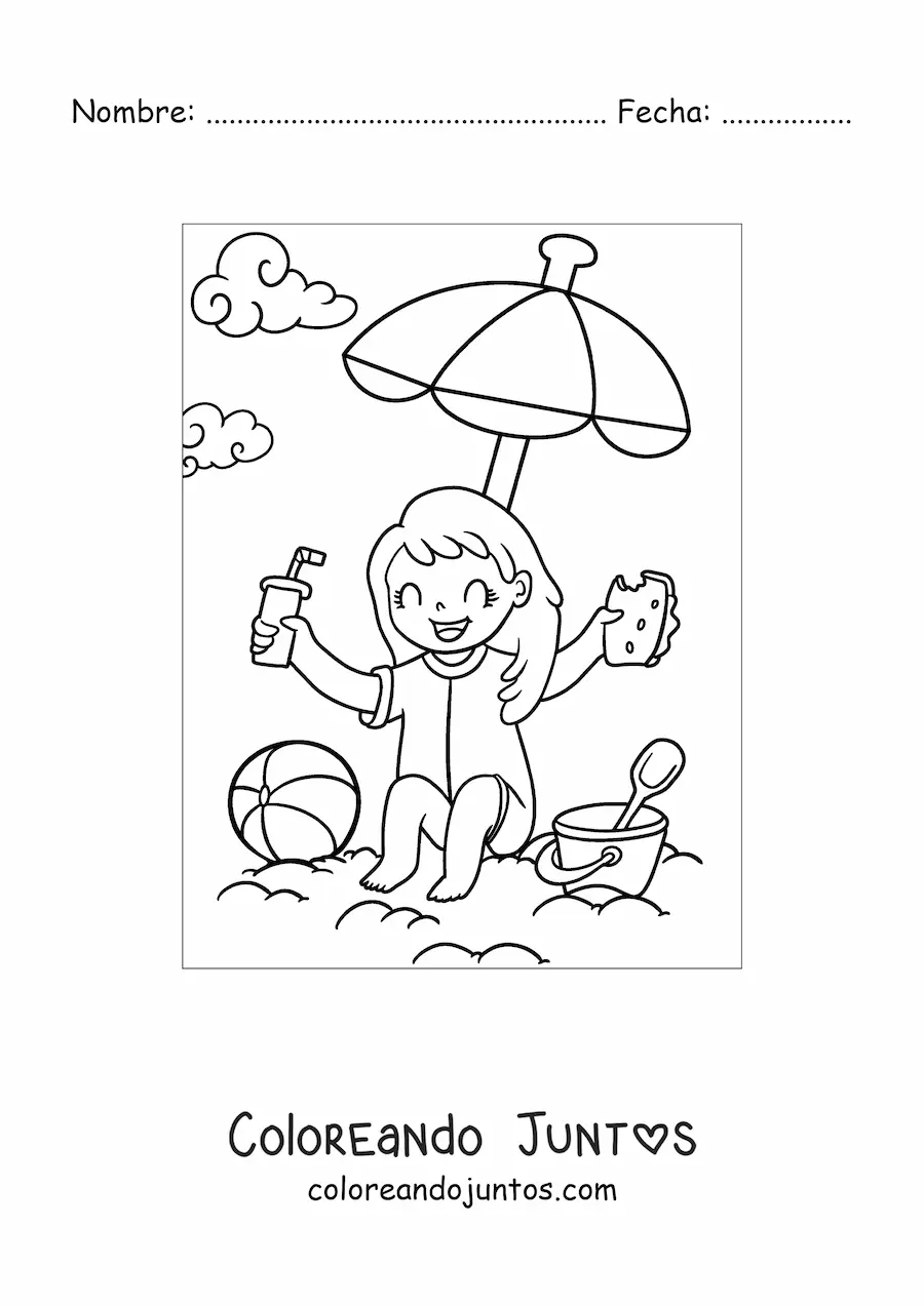 Imagen para colorear de niña en la playa