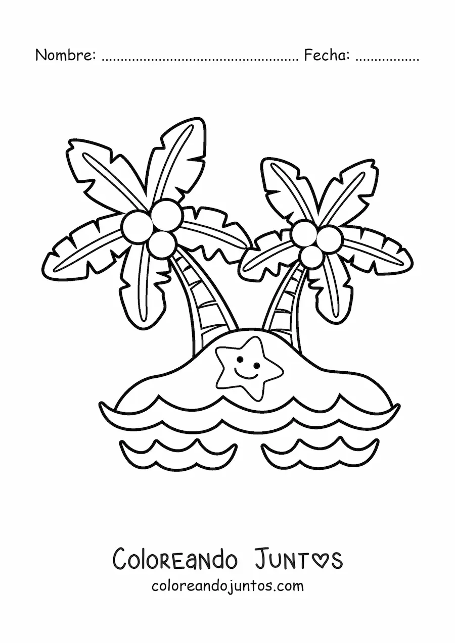 Imagen para colorear de isla kawaii con palmeras