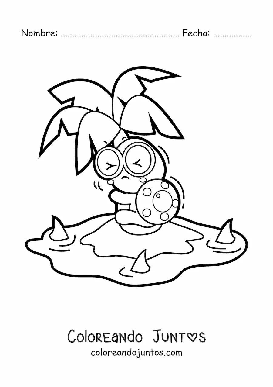 Imagen para colorear de tortuga kawaii en una isla con tiburones