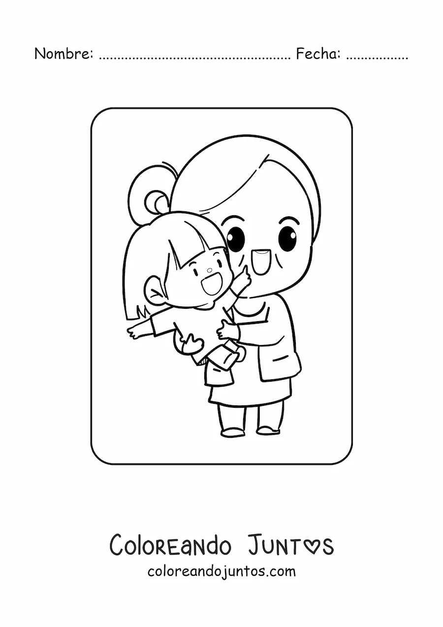 Imagen para colorear de abuela kawaii cargando a su nieta en el Día de los Abuelos