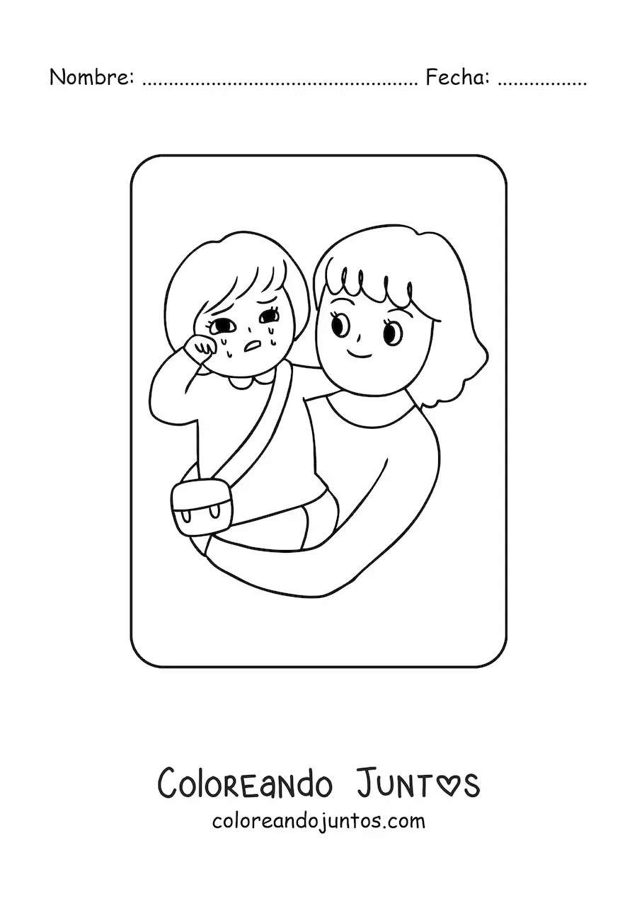 Imagen para colorear de niña kawaii llorando en brazos de su mamá