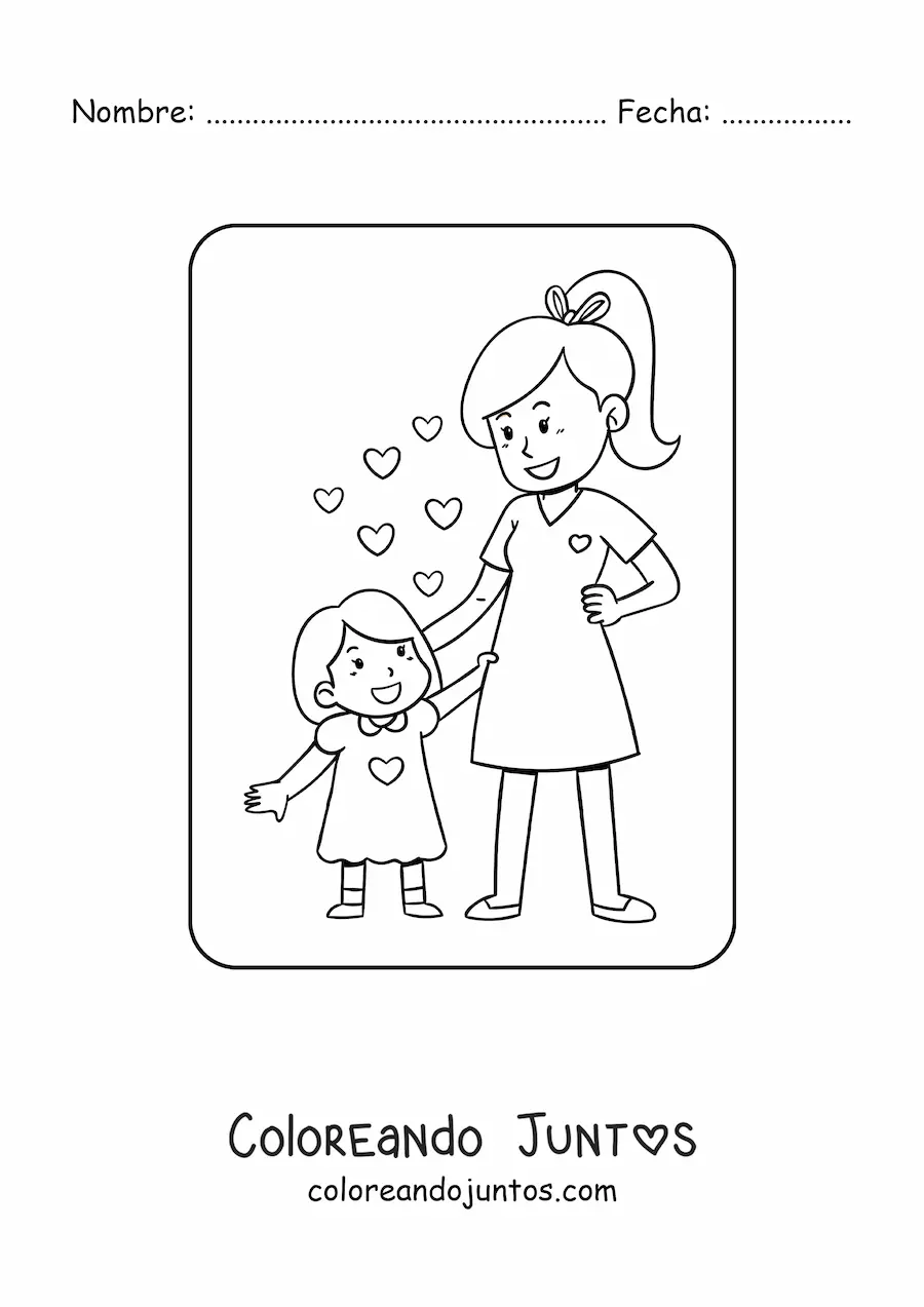 Imagen para colorear de niña kawaii junto a su mamá con corazones