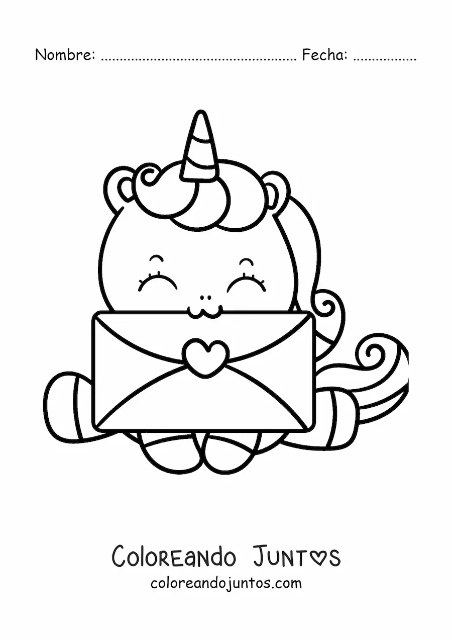 Imagen para colorear de unicornio kawaii con carta de San Valentín