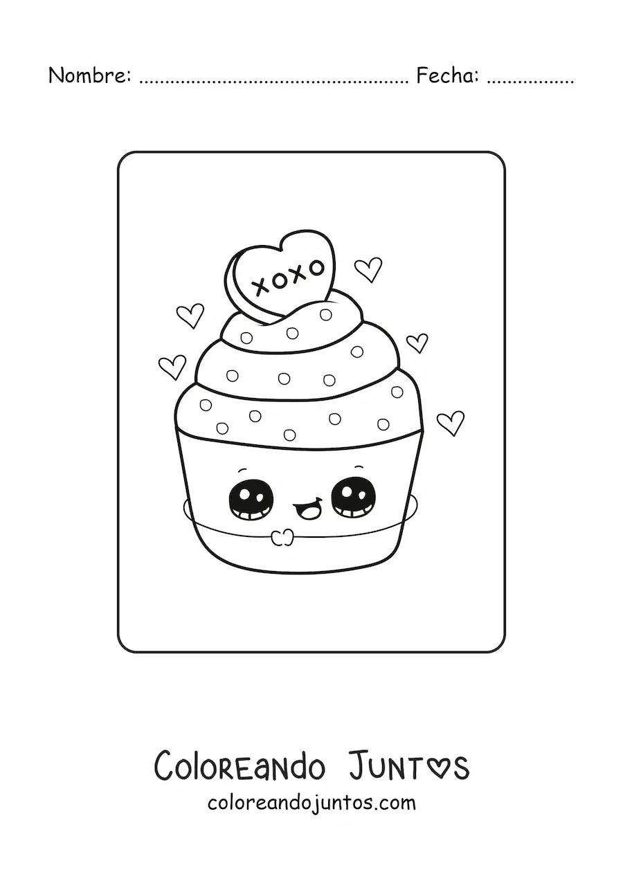 Imagen para colorear de cupcake kawaii de San Valentín