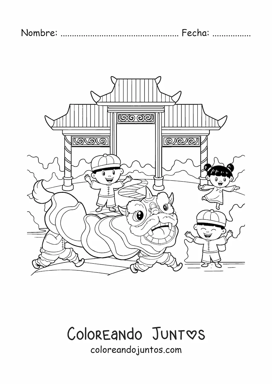 Imagen para colorear de niños celebrando el Año Nuevo chino