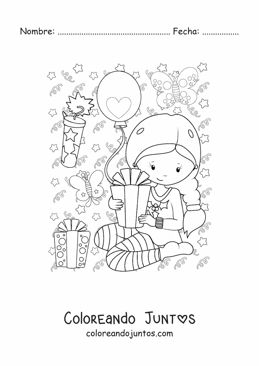 Imagen para colorear de niña con regalo de Año Nuevo