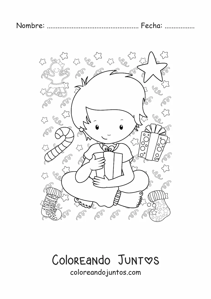 Imagen para colorear de niño con regalo de Año Nuevo