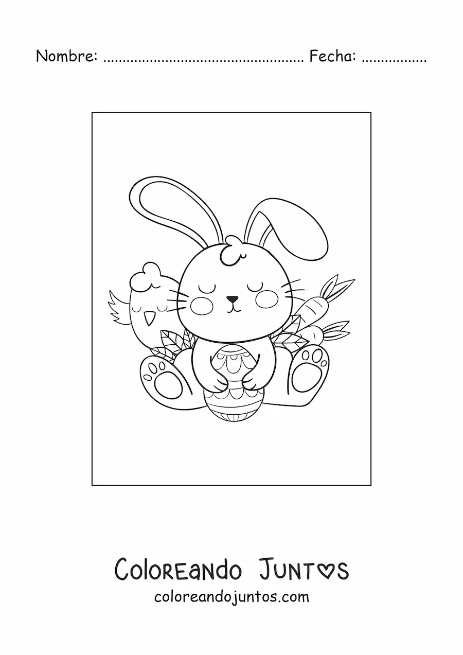 Imagen para colorear de conejo kawaii con huevos de Pascua y zanahorias