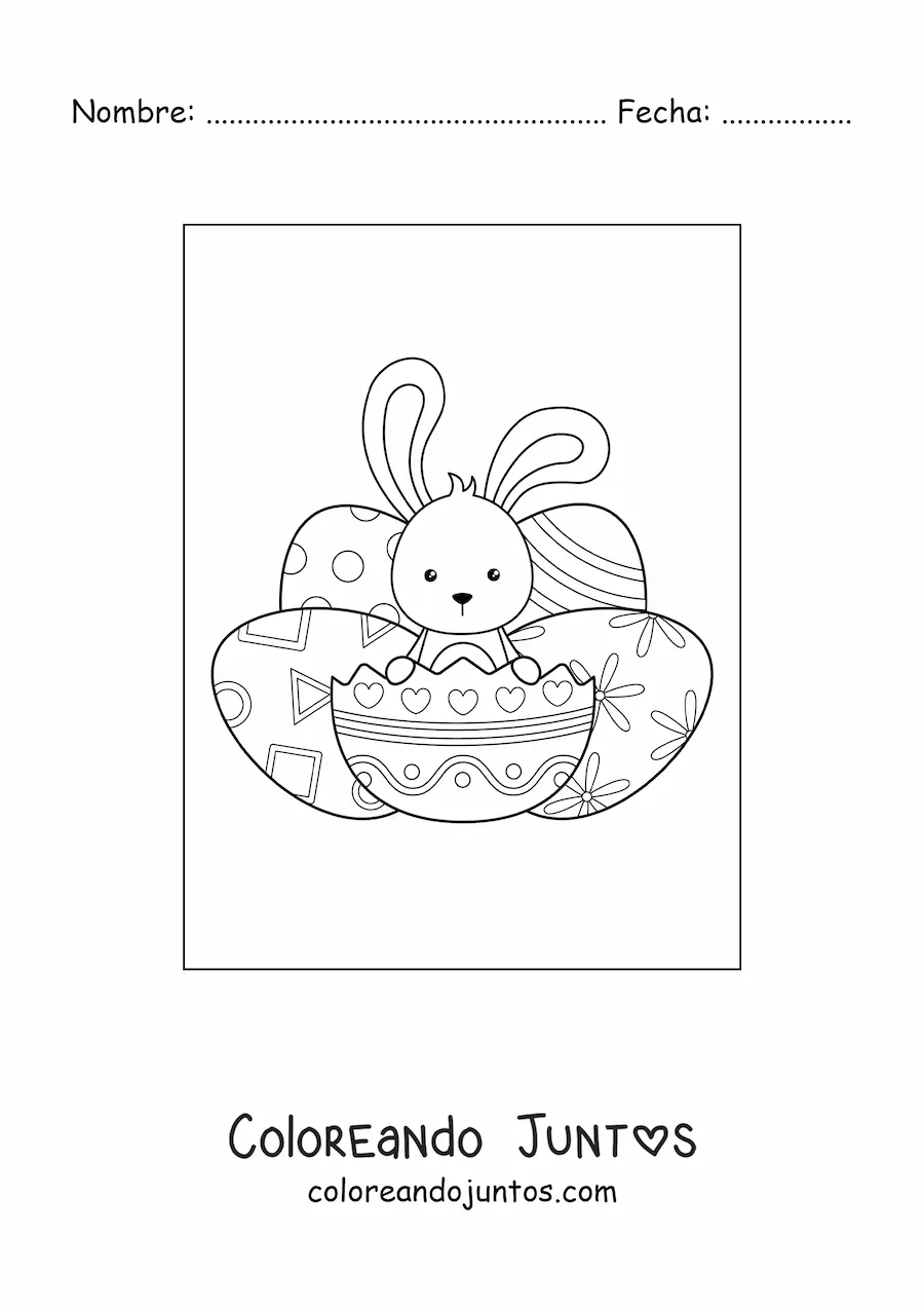 Imagen para colorear de conejo kawaii con huevos de Pascua