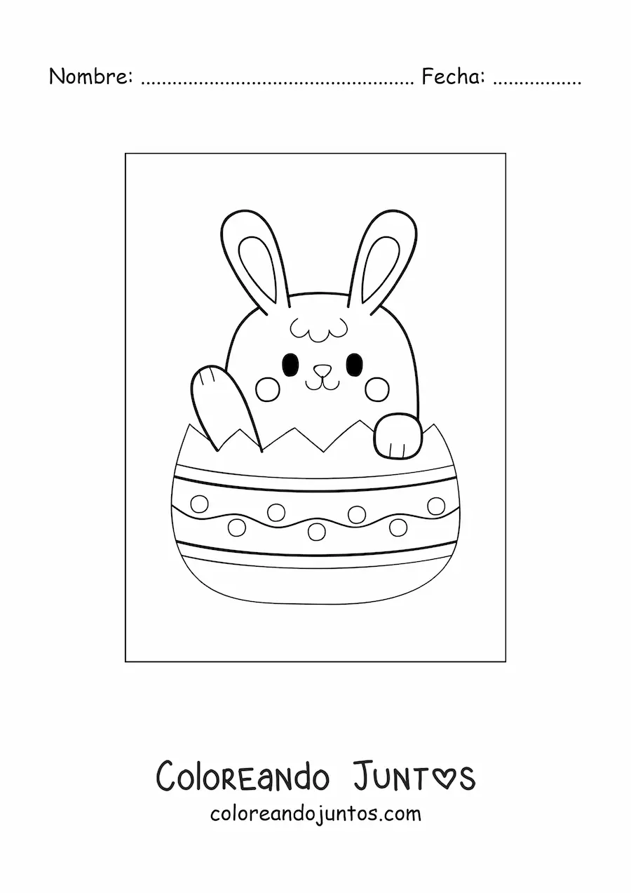 Imagen para colorear de conejito de Pascua kawaii en un huevo