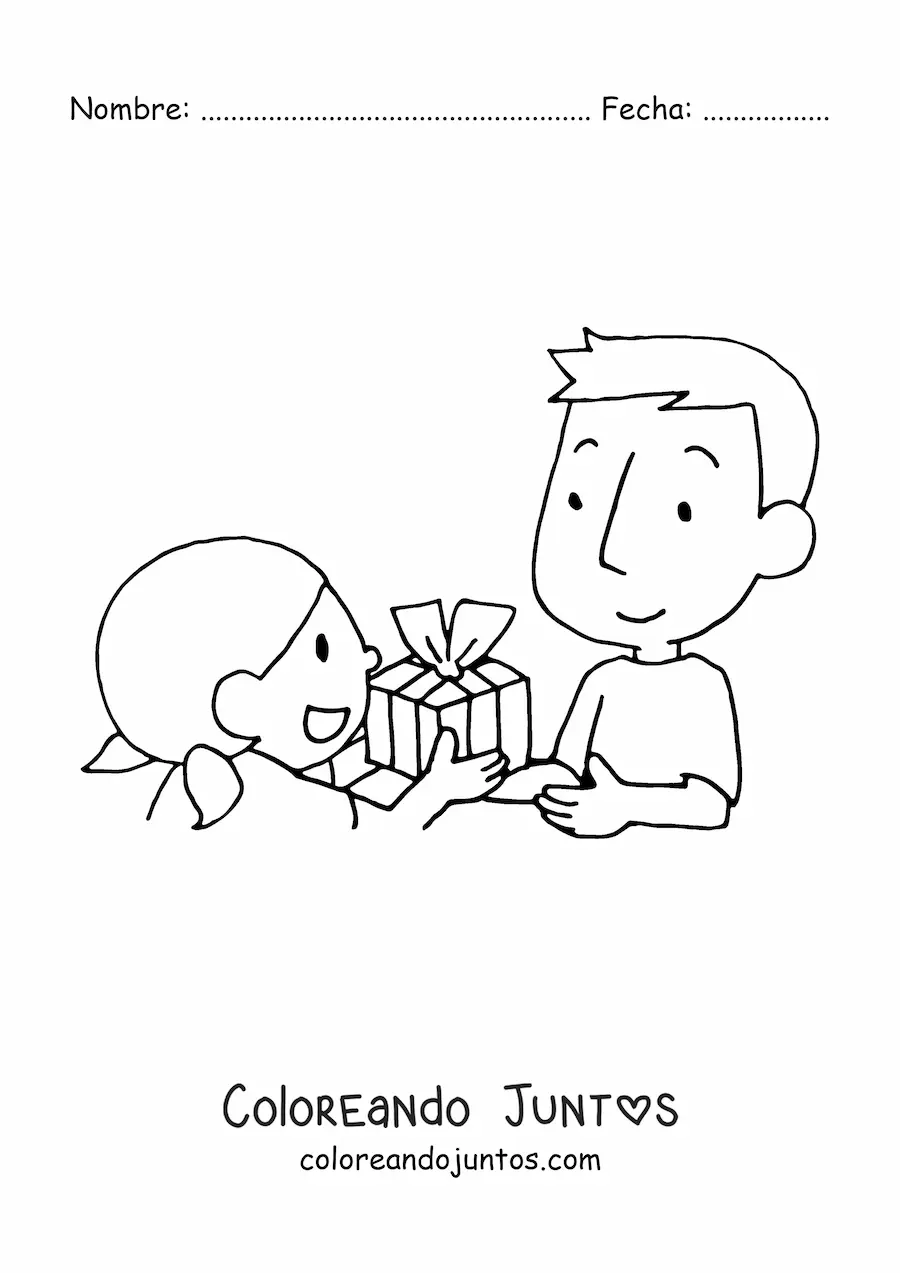 Imagen para colorear de niña obsequiando un regalo a su padre en su día