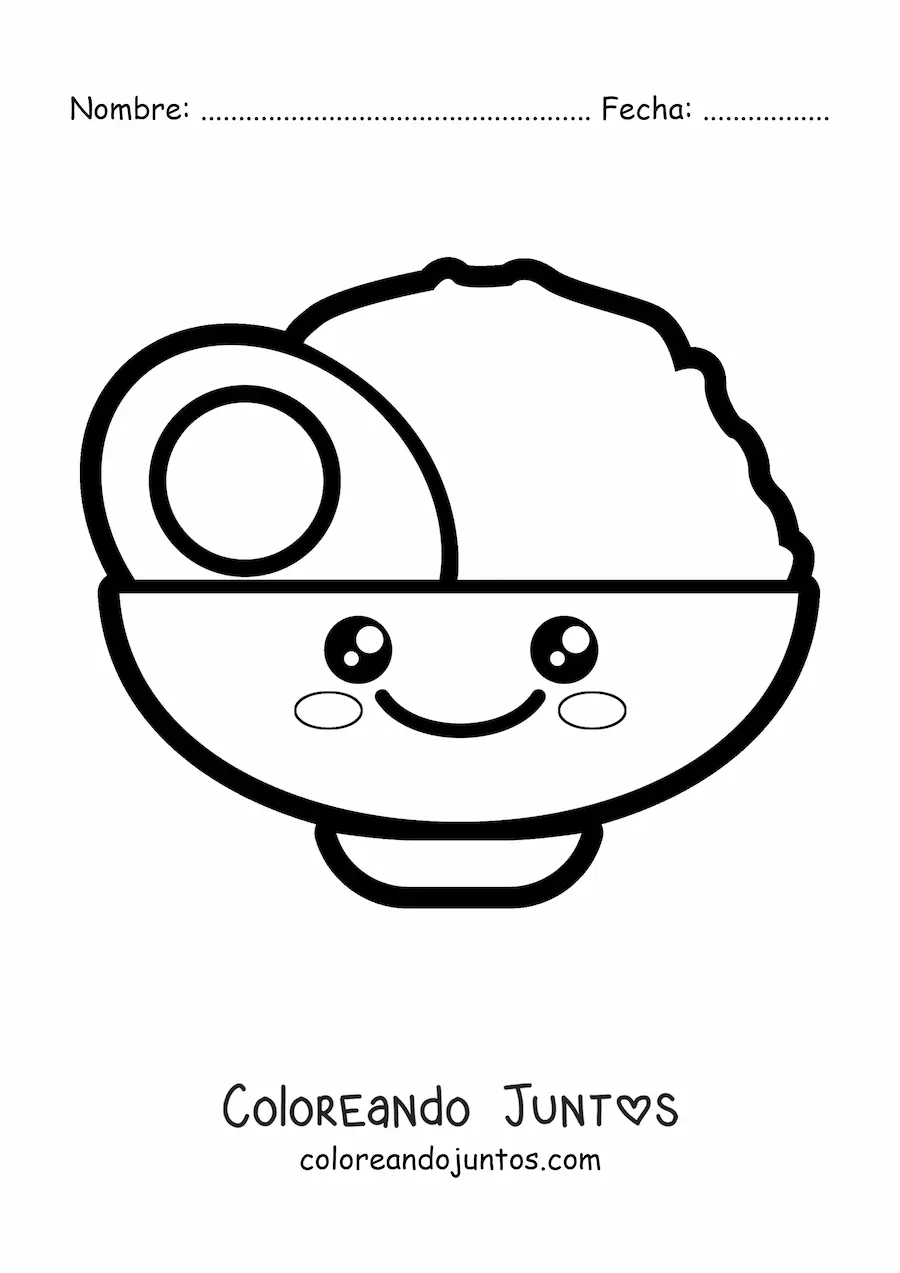 Imagen para colorear de plato de arroz con huevo kawaii animado fácil