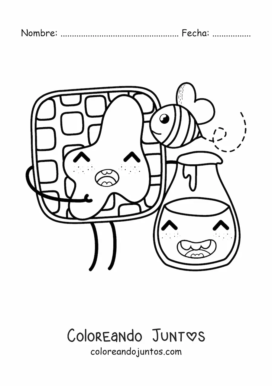 Imagen para colorear de waffle animado kawaii con frasco de miel y abeja