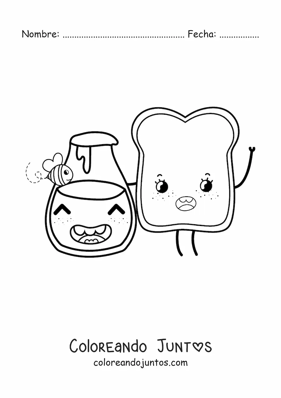 Imagen para colorear de tostada animada kawaii con frasco de miel y abeja