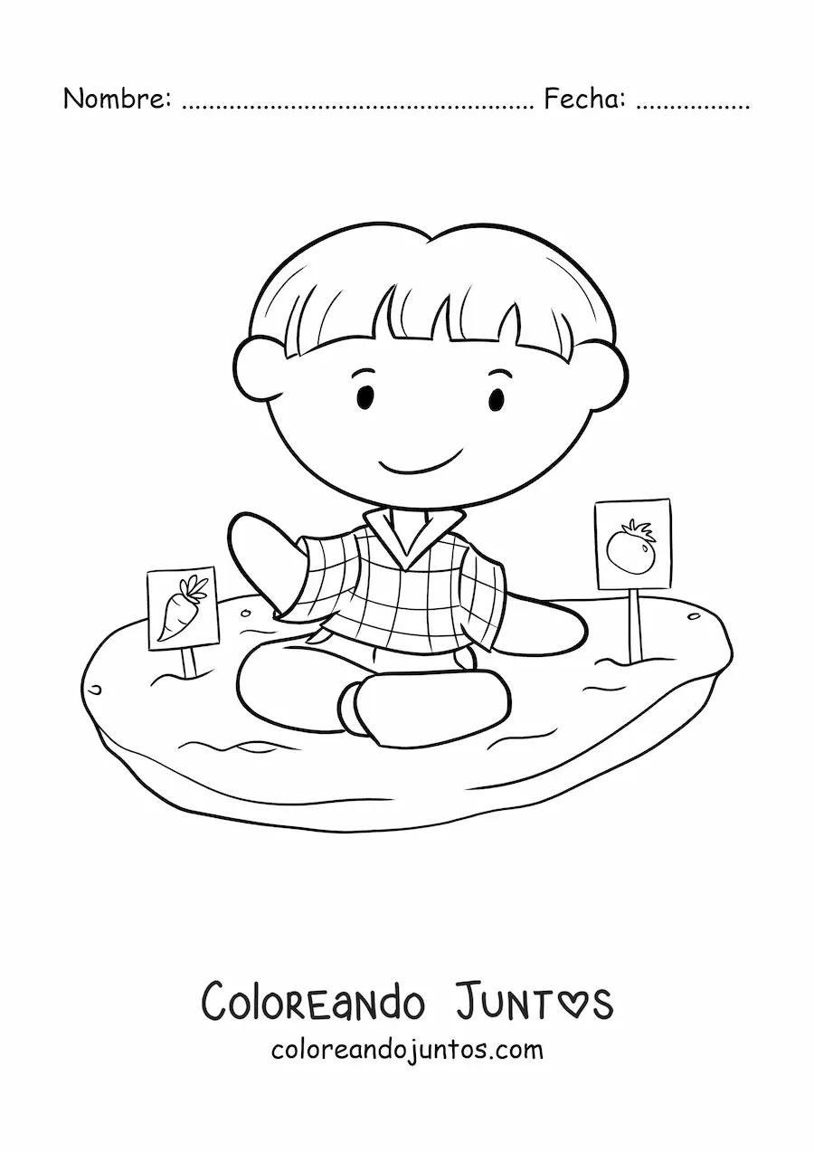 Imagen para colorear de niño sembrando tomate y zanahoria