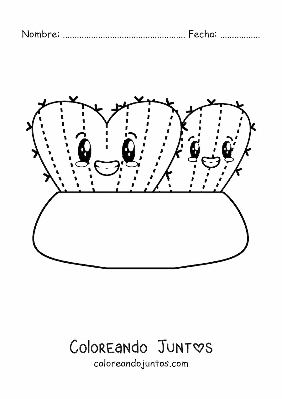 Imagen para colorear de lindos cactus con forma de corazón en una maceta