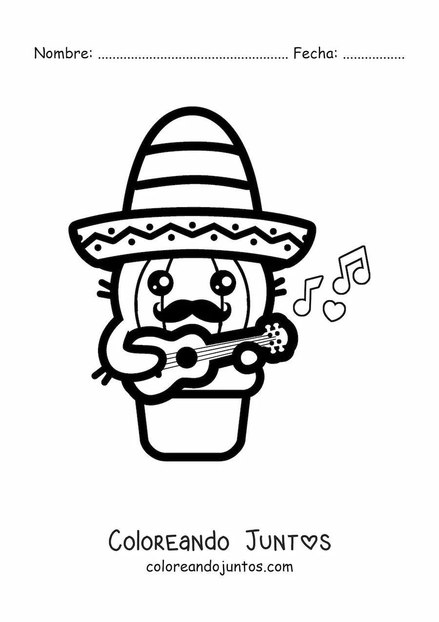 Imagen para colorear de cactus kawaii con sombrero mexicano