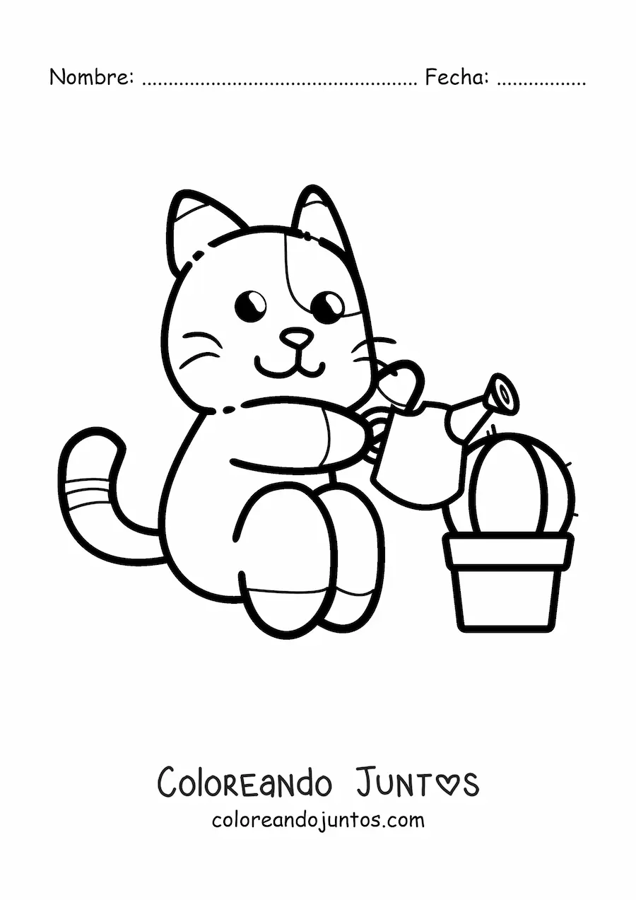 Imagen para colorear de gato animado regando un cactus