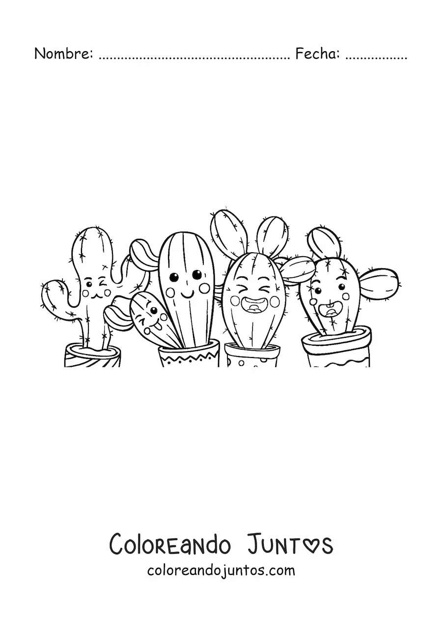 Imagen para colorear de tiernos cactus animados juntos