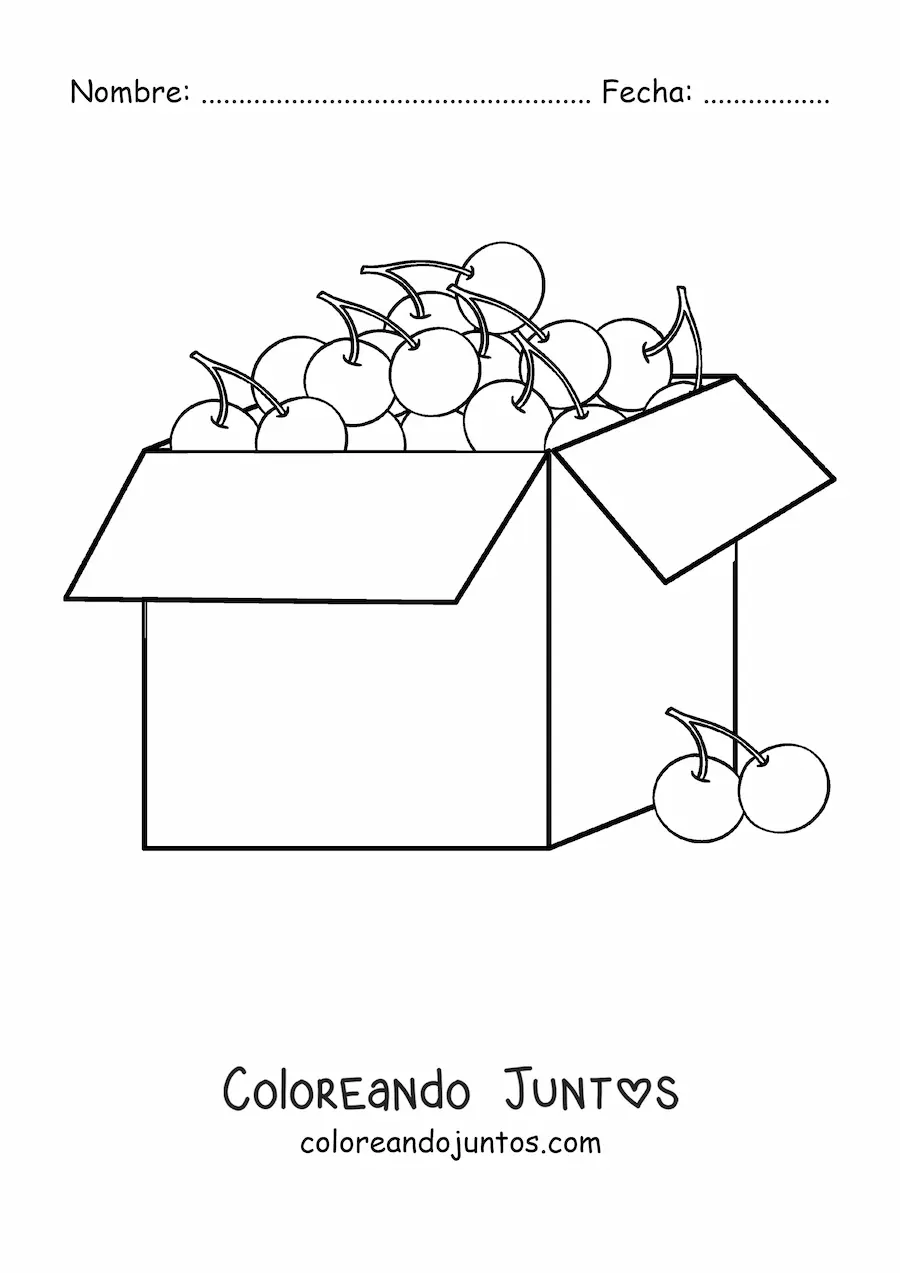 Imagen para colorear de una caja llena de cerezas y dos cerezas afuera
