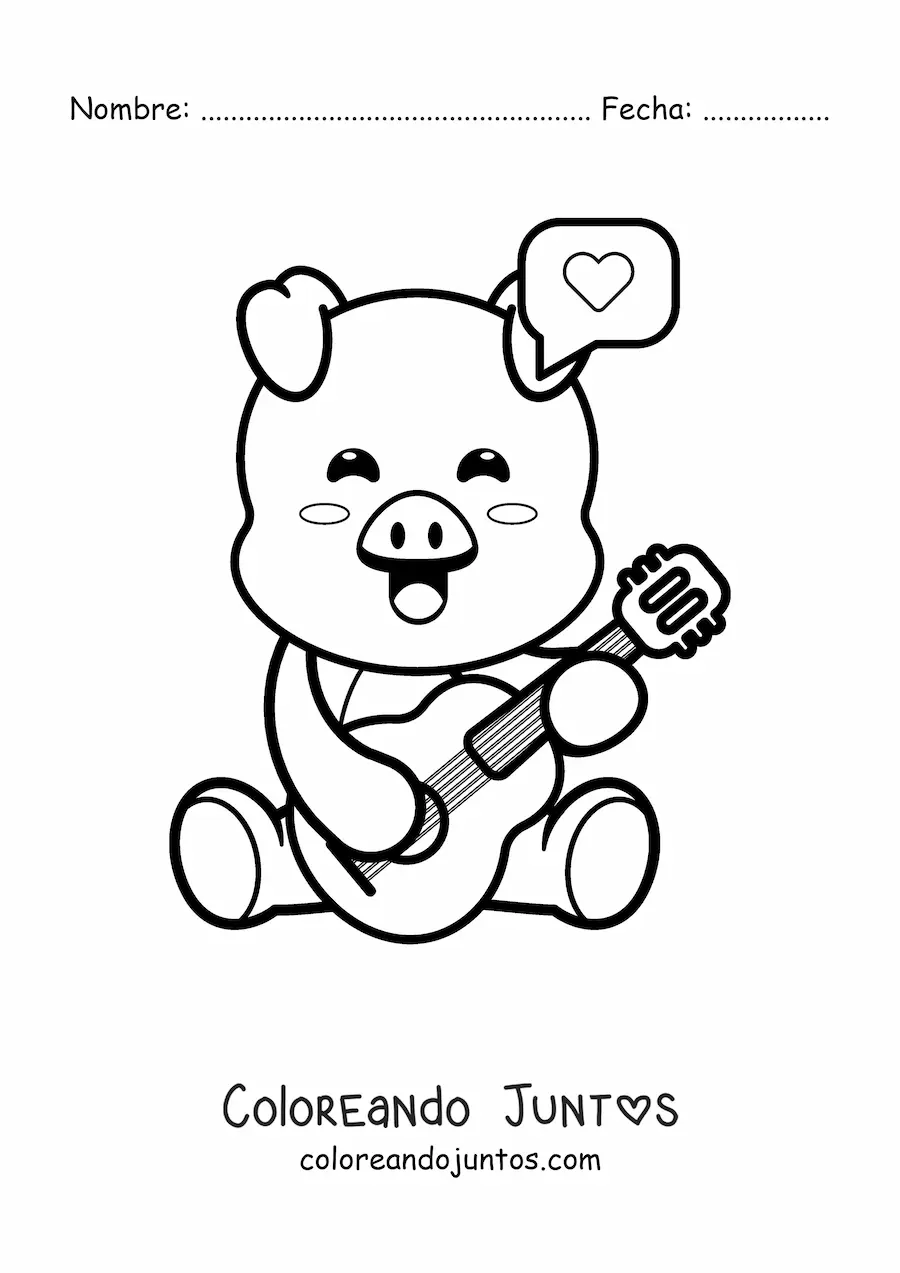 Imagen para colorear de cerdo animado kawaii tocando guitarra acústica