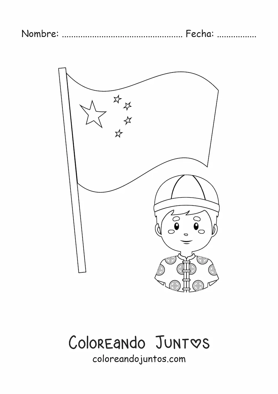 Imagen para colorear de bandera de China con hombre chino kawaii