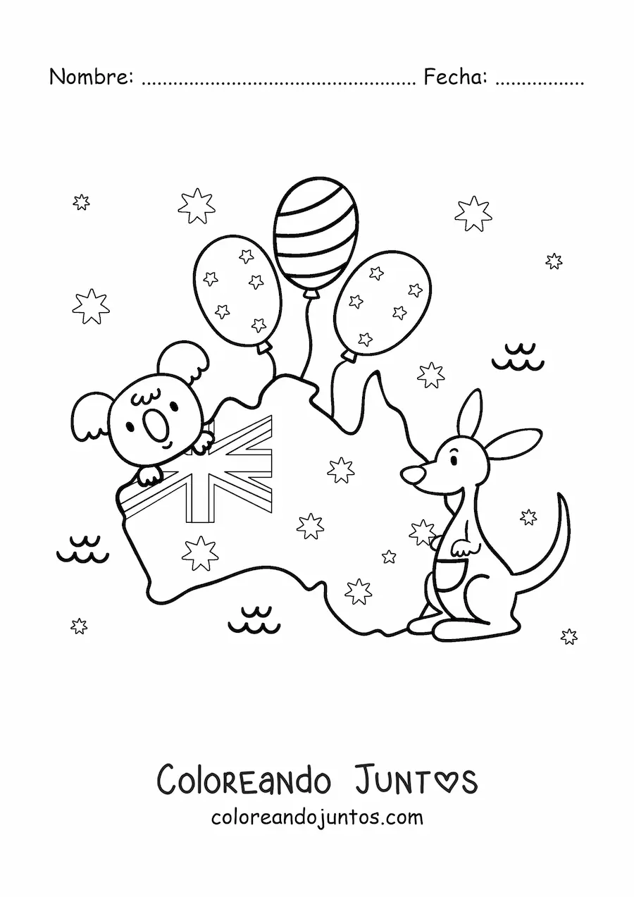Imagen para colorear de bandera de Australia en mapa con canguro y koala kawaii