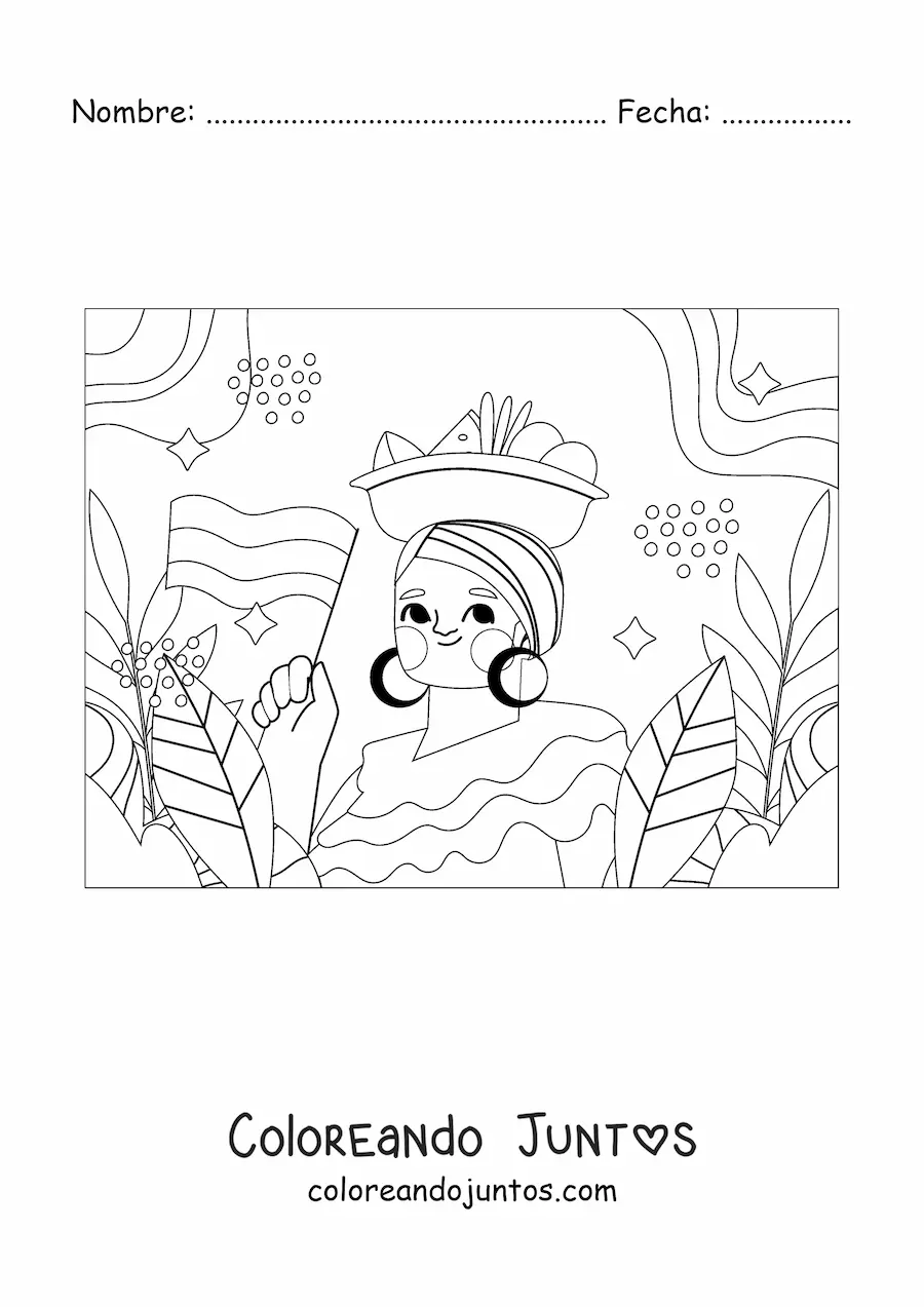 Imagen para colorear de mujer con bandera de Colombia