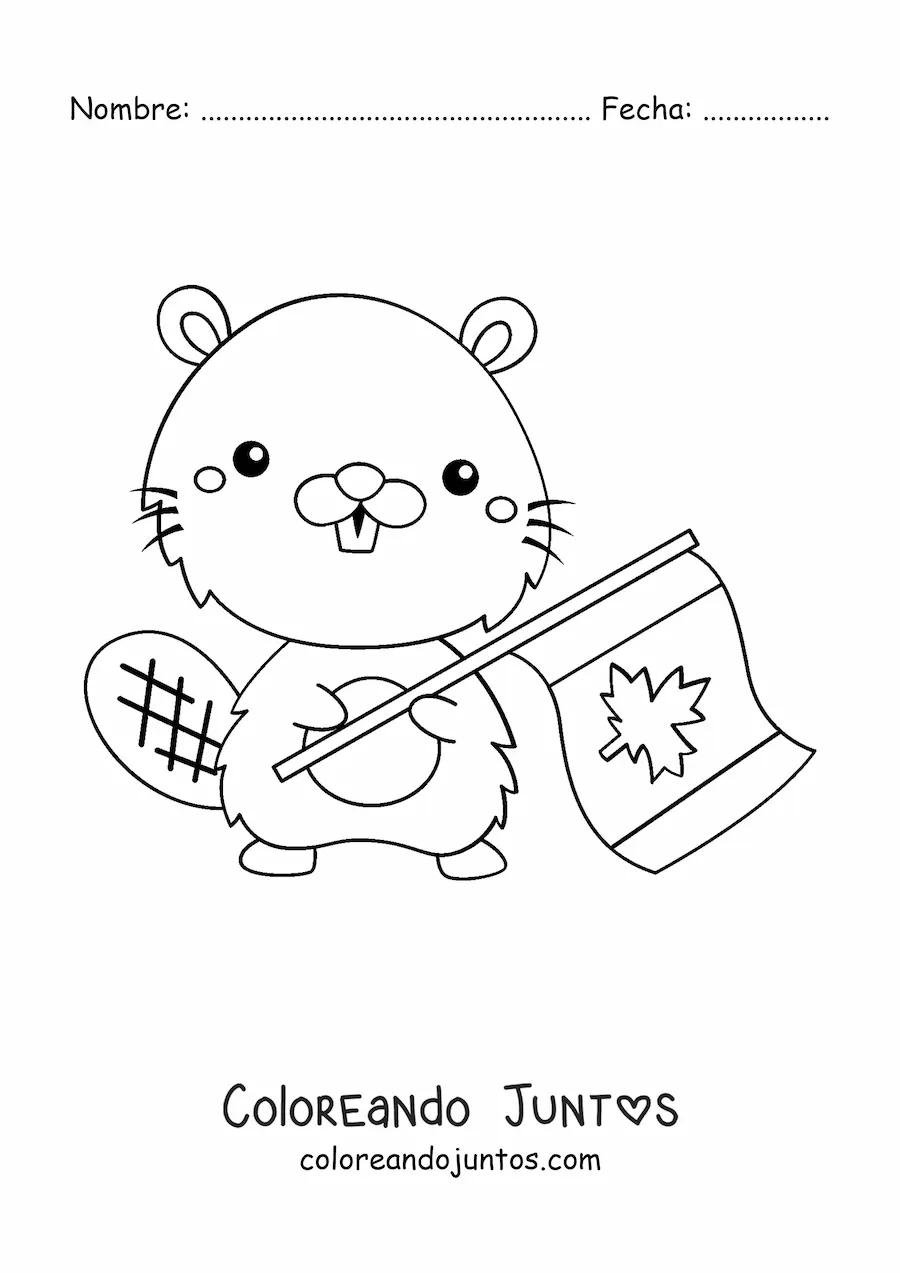 Imagen para colorear de castor kawaii con bandera de Canadá