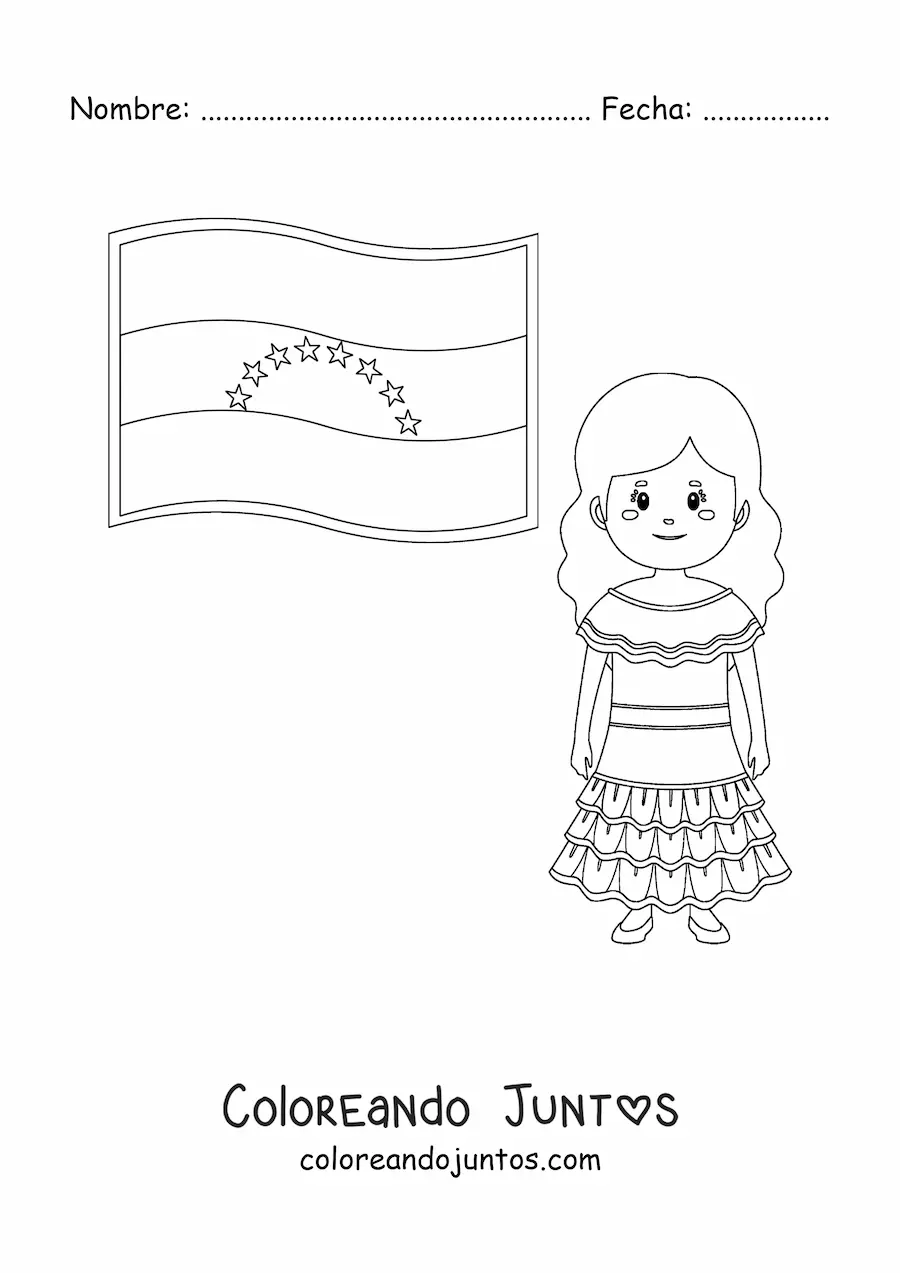 Imagen para colorear de chica con bandera de Venezuela