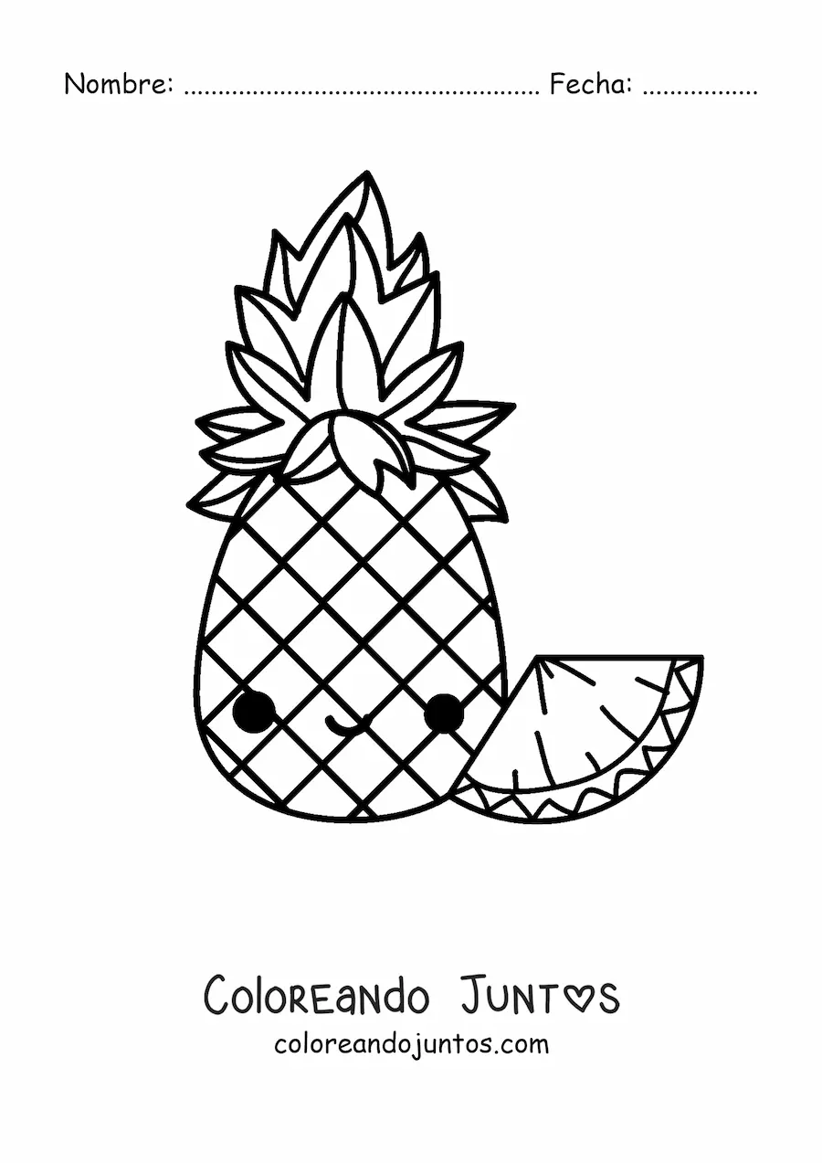 Imagen para colorear de una piña kawaii y un trozo de piña