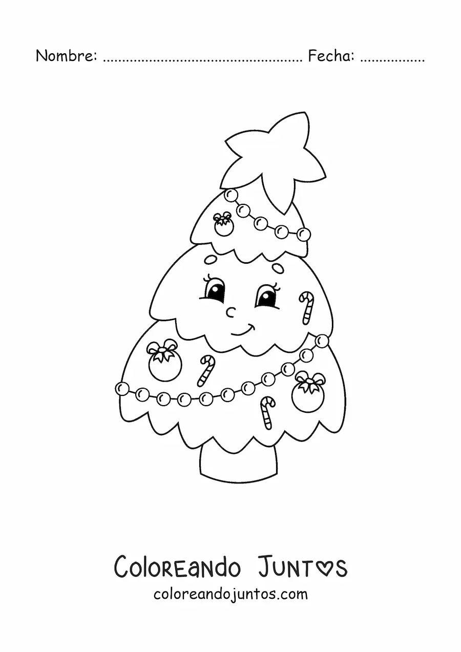Imagen para colorear de árbol de Navidad kawaii animado con bastones