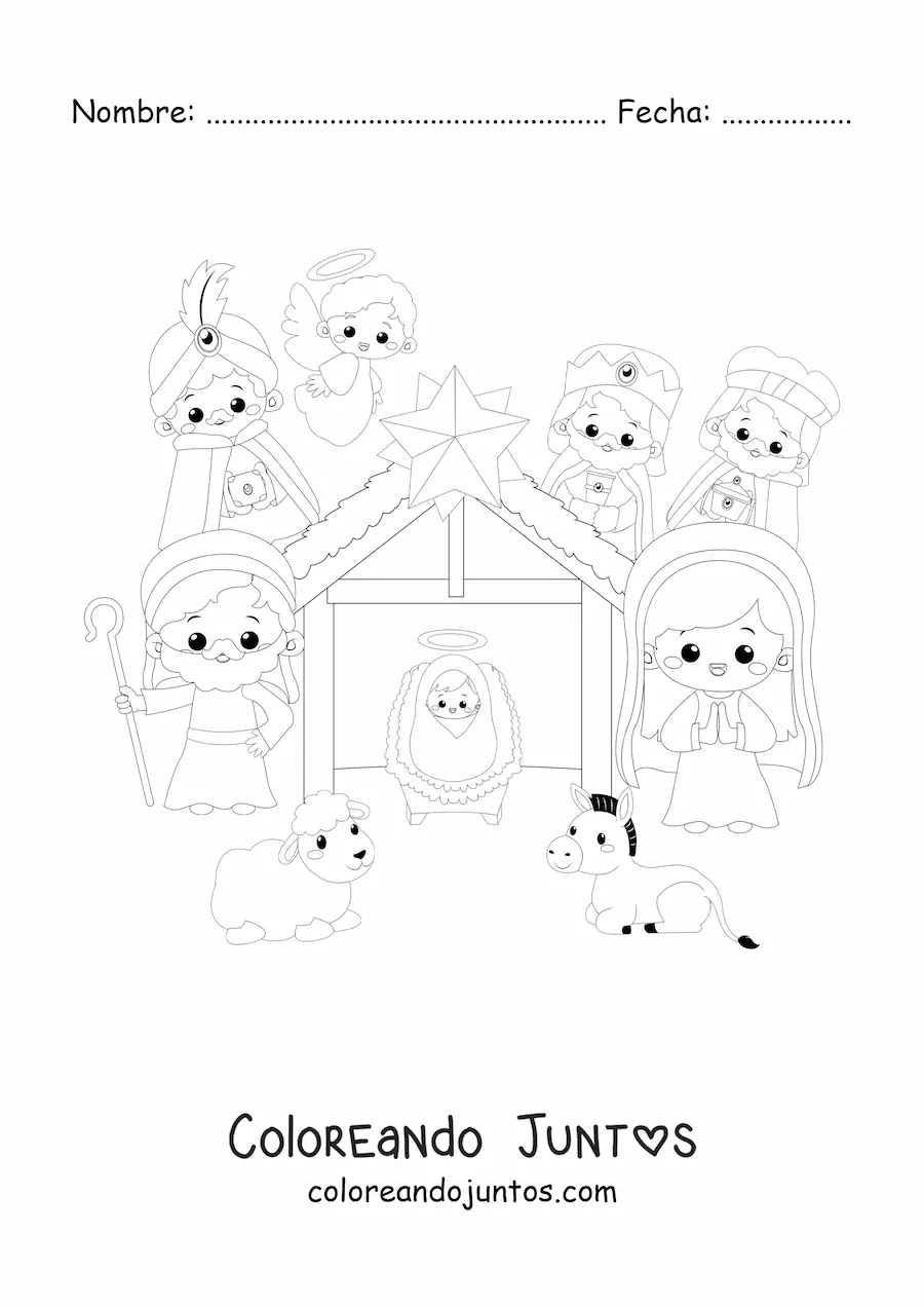 Imagen para colorear de pesebre navideño kawaii con los reyes magos