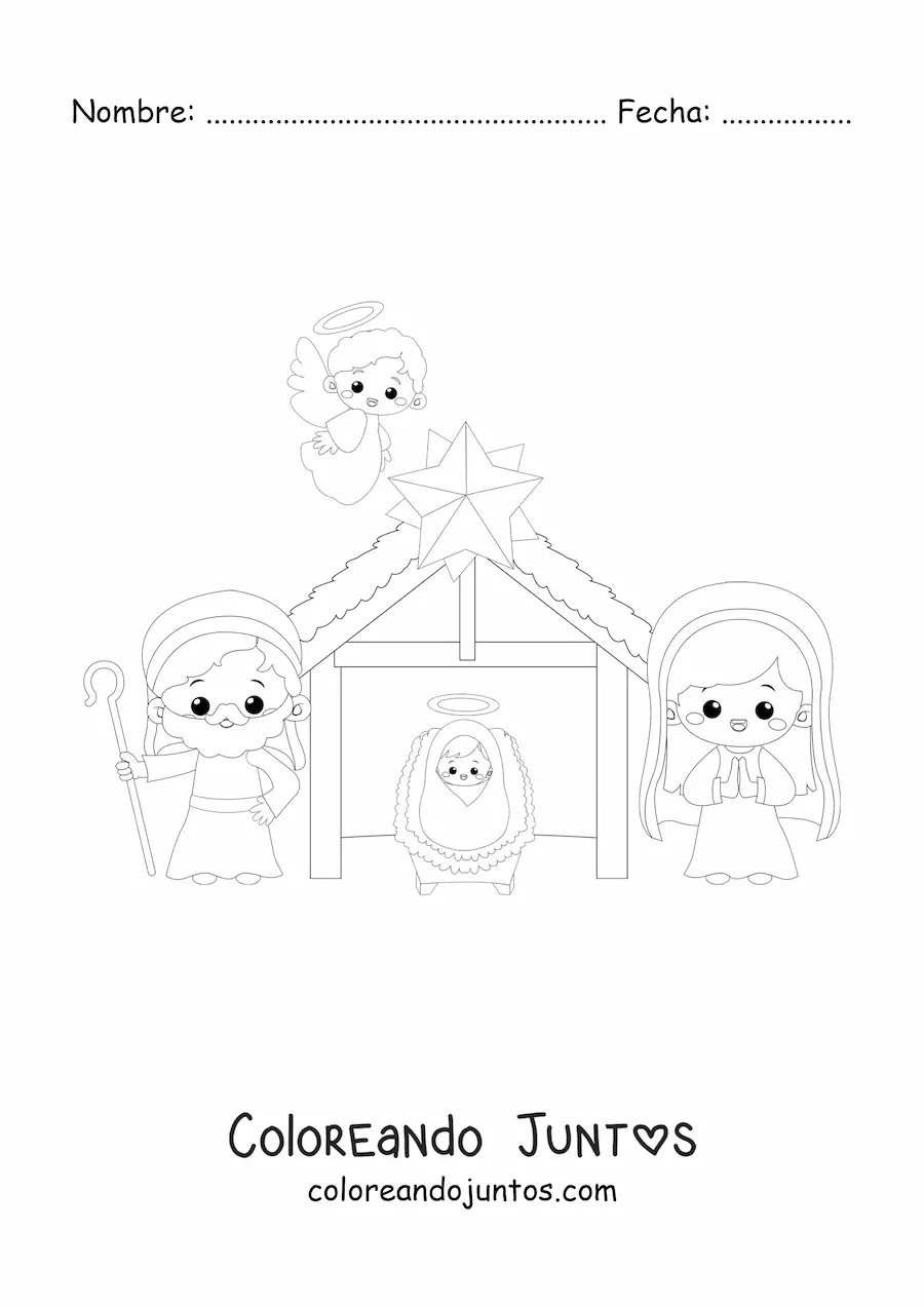Imagen para colorear de pesebre navideño kawaii
