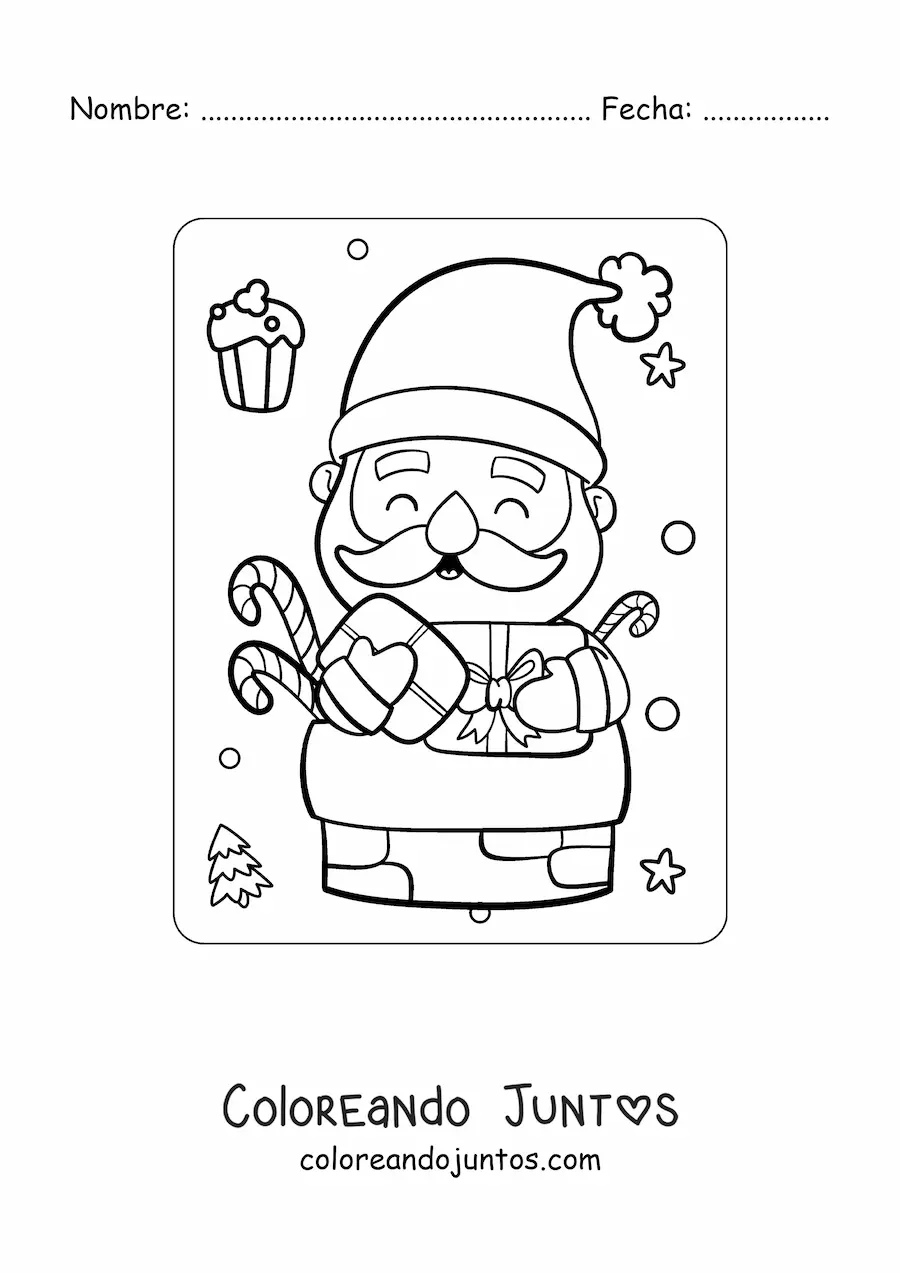 Imagen para colorear de Santa Claus kawaii en chimenea con regalos