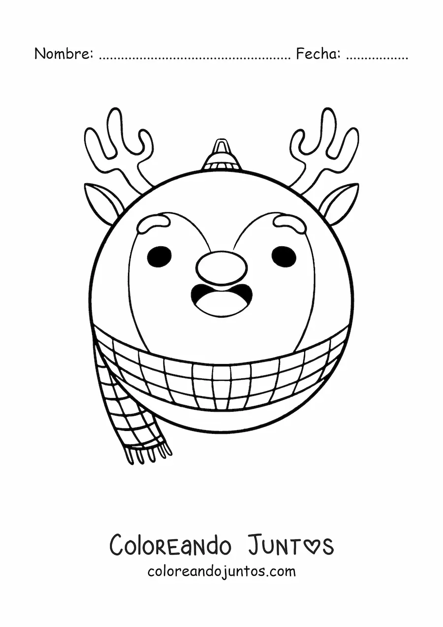 Imagen para colorear de esfera navideña kawaii de reno