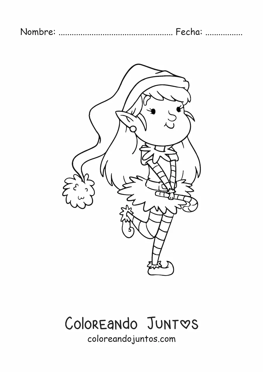 Imagen para colorear de chica duende de Navidad