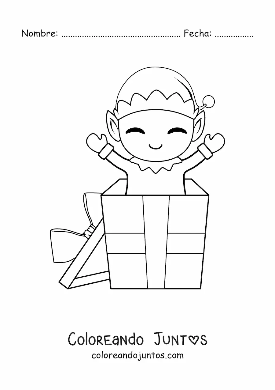 Imagen para colorear de elfo de Navidad en un regalo